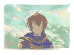  1boy ahoge armor bishounen brown_hair closed_eyes clouds cloudy_sky crying english_commentary granblue_fantasy green_background grin hair_between_eyes happy_tears highres hood light_blush male_focus messy_hair portrait sandalphon_(granblue_fantasy) short_hair sky smile solo_focus t_of_game tears 
