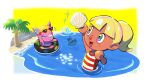  1boy 2girls :d animal_crossing aqua_one-piece_swimsuit arm_up beach blonde_hair blue_eyes blunt_bangs blush border buck_teeth coconut coconut_tree commentary_request deer_girl diving eyelashes eyewear_on_head frobert_(animal_crossing) fuchsia_(animal_crossing) furry furry_female green_eyes heart heart-shaped_eyewear high_ponytail highres holding holding_shell kopa_nishikida mollusc_shell multicolored_eyes multiple_girls notice_lines one-piece_swimsuit open_mouth outside_border palm_tree partially_submerged pink_eyes ponytail purple_one-piece_swimsuit red_one-piece_swimsuit rock sand seashell shell sky smile sparkle splashing striped_clothes striped_one-piece_swimsuit sunglasses swimming swimsuit teeth tree two-tone_one-piece_swimsuit villager_(animal_crossing) violet_eyes water white_border white_one-piece_swimsuit yellow_sky 