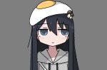  1girl black_hair blue_eyes blush closed_mouth egg egg_(food) emesan_desu expressionless food food_on_head fried_egg grey_background grey_hoodie hair_between_eyes highres hood hoodie long_hair looking_to_the_side mushroom mushroom_on_head object_on_head shimeji_simulation simple_background solo tsukushima_shijima 