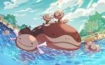  afloat clodsire closed_mouth clouds commentary_request day evolutionary_line grass highres no_humans outdoors paldean_wooper pokemon pokemon_(creature) riding riding_pokemon sky smile tree water yono_999 