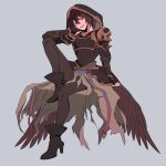  1boy absurdres armor belt bishounen boots breastplate bright_pupils brown_hair brown_wings cape elbow_on_knee english_commentary evil_grin evil_smile granblue_fantasy grey_background grin hair_between_eyes hand_on_own_face high_heel_boots high_heels highres hip_armor hood hood_up leg_up male_focus messy_hair nodplus50pts partially_shaded_face red_eyes sandalphon_(granblue_fantasy) shoulder_armor sitting sketch smile solo_focus white_pupils wings 