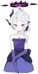  1girl bare_shoulders blue_archive demon_horns dress earrings flat_chest gloves hair_up halo highres hina_(blue_archive) hina_(dress)_(blue_archive) horns jewelry long_hair looking_to_the_side multiple_horns murase48 necklace purple_dress purple_gloves simple_background solo strapless strapless_dress violet_eyes white_background white_hair 