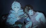  2boys @_43517 belial_(granblue_fantasy) bishounen black_background blue_hood blue_hoodie brown_hair closed_eyes controller crossed_legs dark expressionless granblue_fantasy hair_between_eyes hood hoodie korean_commentary leaning_on_person light light_frown long_sleeves lucilius_(granblue_fantasy) male_focus messy_hair multiple_boys parted_bangs shadow shirt short_hair sleeping spiky_hair under_covers video_game watching_television white_shirt 