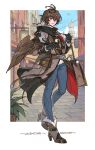  1boy ahoge bag bird bishounen boots brown_coat brown_feathers brown_footwear brown_hair building coat commentary denim english_text feathers full_body fur-trimmed_boots fur_trim granblue_fantasy hair_between_eyes high_heel_boots high_heels highres jeans looking_at_viewer male_focus messy_hair official_alternate_costume pants red_eyes ribbed_sweater sandalphon_(granblue_fantasy) sanditk_gbf scenery short_hair shoulder_bag smile solo_focus sweater turtleneck 