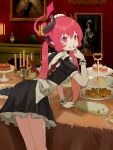  1girl alternate_costume apron black_dress black_horns black_ribbon blue_archive blueberry cake cake_slice candle candlestand commentary_request cream cream_on_face cup cupcake demon_girl demon_wings dress duster enmaided fine_art finger_in_own_mouth fireplace food food_on_face fruit hair_ribbon halo highres horns junko_(blue_archive) leaning_forward looking_back low_wings macaron maid maid_apron maid_headdress mousse_(food) painting_(object) pastry peroro_(blue_archive) pink_eyes pink_hair pink_halo plate pointy_ears pot_of_greed red_wings ribbon saucer slit_pupils solo table teacup tiered_tray twintails white_apron wings yeechem2002 yu-gi-oh! 
