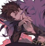  &gt;:) 1boy abs belial_(granblue_fantasy) belt bishounen black_jacket brown_hair evil_smile feather_boa granblue_fantasy grin hand_on_own_face jacket korean_commentary leaning_forward male_focus messy_hair open_clothes open_jacket parted_bangs pectorals popped_collar red_eyes short_hair signature sitting smile solo_focus spiky_hair v-shaped_eyebrows wago white_background 