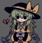  1girl :3 black_eyes black_headwear blush buttons closed_mouth collared_shirt diamond_(shape) diamond_button dot_nose empty_eyes frilled_shirt frilled_shirt_collar frilled_sleeves frills green_hair green_skirt grey_background hair_between_eyes hat hat_ribbon heart holding holding_limb jaggy_lines komeiji_koishi long_hair long_sleeves no_sclera ribbon shirt simple_background skirt sleeves_past_wrists smile solid_circle_eyes solo third_eye touhou yellow_ribbon yellow_shirt zunusama 