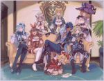  2boys 6+girls albedo_(genshin_impact) amber_(genshin_impact) arm_around_shoulder armor armored_dress behind_another blonde_hair blue_eyes blue_hair blush boots border brown_hair capelet closed_mouth coat couch crossed_legs dark-skinned_male dark_skin diluc_(genshin_impact) english_commentary eula_(genshin_impact) eyepatch fingerless_gloves full_body gauntlets genshin_impact gloves green_eyes grey_hair hair_between_eyes hairband hat height_difference indoors jacket jean_(genshin_impact) kiegenshin klee_(genshin_impact) leaning_to_the_side legs_apart lisa_(genshin_impact) long_hair long_sleeves looking_at_another looking_at_viewer multiple_boys multiple_girls noelle_(genshin_impact) on_couch one_eye_closed one_eye_covered open_mouth pants pointy_ears shoulder_armor side-by-side sitting smile standing thigh_boots twitter_username white_border witch_hat yellow_eyes 