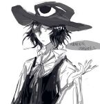  1other absurdres androgynous chinese_commentary chinese_text collared_shirt commentary_request enraku_tsubakura greyscale hand_up hat highres len&#039;en long_sleeves monochrome neck_ribbon other_focus parted_lips ribbon shirt short_hair sketch solo translation_request vest yiwanbulajinsiji320 
