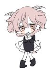  1girl animal_ears black_dress chibi dress expressionless frilled_dress frills goat_girl goat_horns happy_saint_sheol horizontal_pupils horns looking_at_viewer maya_elbeth medium_hair ok_o_o orange_eyes own_hands_together pink_hair short_twintails sketch solo twintails white_background 