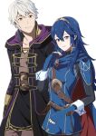  1boy 1girl ameno_(a_meno0) belt black_robe black_sweater blue_cape blue_eyes blue_gloves blue_hair brown_belt brown_eyes cape collarbone commentary fingerless_gloves fire_emblem fire_emblem_awakening gloves hair_between_eyes hood hood_down hooded_robe long_hair long_sleeves looking_at_viewer lucina_(fire_emblem) red_cape ribbed_sweater robe robin_(fire_emblem) robin_(male)_(fire_emblem) short_hair simple_background smile sweater turtleneck turtleneck_sweater two-tone_cape white_background white_hair 