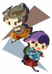  2boys alternate_color baseball_cap brown_shorts checkered_clothes checkered_shirt drop_shadow full_body green_bag grey_footwear grey_hair grey_socks hat hitofutarai lucas_(mother_3) male_focus mother_(game) mother_2 mother_3 multiple_boys ness_(mother_2) player_2 purple_footwear purple_headwear running shirt short_hair shorts sideways_hat socks solid_oval_eyes striped_clothes striped_shirt super_smash_bros. waving 