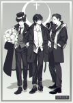  3boys black_cloak black_coat black_hair black_jacket black_necktie black_pants cloak coat dunn_smith hat highres jacket klein_moretti leonard_mitchell lord_of_the_mysteries multiple_boys necktie pants shirt short_hair top_hat white_shirt zastz 