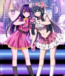  2girls black_footwear blue_eyes blue_hair bow crossover danganronpa:_trigger_happy_havoc danganronpa_(series) dress flower gloves hair_bow hair_flower hair_ornament heart heart_hands heart_hands_duo highres hoshino_ai_(oshi_no_ko) idol lewdkuma long_hair maizono_sayaka microskirt midriff multiple_girls navel oshi_no_ko pink_dress pink_gloves pink_ribbon pink_skirt rabbit_hair_ornament ribbon skirt stage thighs white_gloves 