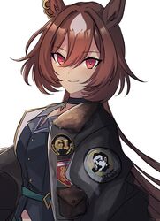  1girl absurdres animal_ears black_choker black_jacket bomber_jacket boss_coffee brown_hair choker ear_ornament hair_between_eyes highres horse_ears horse_girl jacket long_hair long_sleeves looking_at_viewer multicolored_hair pendant_choker red_eyes short_hair sirius_symboli_(umamusume) smile solo streaked_hair suntory toriumi_(fioripera14) umamusume white_hair 