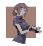  1girl brown_hair cigarette glasses gloves hair_bun highres kotoyama lighter mouth_hold open_mouth original over-rim_eyewear semi-rimless_eyewear shirt short_hair short_sleeves simple_background solo teeth_hold upper_body white_background zippo_lighter 