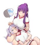  2girls breasts commentary english_commentary fern_(sousou_no_frieren) frieren green_eyes gym_uniform jk_arts lap_pillow large_breasts long_hair looking_up medium_breasts medium_hair multiple_girls pointy_ears purple_hair simple_background sousou_no_frieren sportswear violet_eyes white_background 