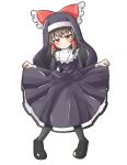  1girl alternate_costume black_dress black_footwear blush bow brown_hair commentary dress frilled_bow frilled_hair_tubes frills habit hair_bow hair_tubes hakurei_reimu highres jewelry long_hair long_sleeves looking_at_viewer nun pendant red_bow red_eyes simple_background skirt_hold solo touhou white_background yin_yang zenji029 