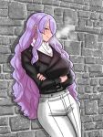 1girl against_wall breasts camilla_(fire_emblem) crossed_arms english_commentary fire_emblem fire_emblem_heroes hair_over_one_eye highres jacket large_breasts long_hair looking_at_viewer mnejing30 parted_bangs purple_hair sidelocks smile solo violet_eyes wavy_hair 