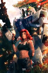  1girl abs absurdres armband assault_rifle breasts dark_skin forest ground_gundam gun gundam gundam_08th_ms_team highres karen_joshua machine_gun mecha mobile_suit muscular muscular_female muzzle nature redhead rideth_mochi rifle robot science_fiction serious signature soldier tank_top tree weapon yellow_eyes 