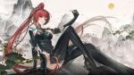  artist_request bird boots china_dress chinese_clothes dress headband high_heels highres leg_up long_hair looking_at_viewer mechanical_arms mole mountain official_art ponytail punishing:_gray_raven red_eyes redhead sitting smile sun tree vera_(punishing:_gray_raven) 