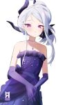  1girl black_horns blue_archive blush collarbone cryne demon_horns dress elbow_gloves gloves grey_hair highres hina_(blue_archive) hina_(dress)_(blue_archive) horns jewelry long_hair looking_at_viewer multiple_horns necklace official_alternate_costume open_mouth purple_dress purple_gloves solo strapless strapless_dress violet_eyes 