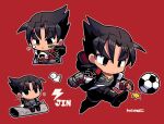  1boy ball bandaid bandaid_on_face black_eyes black_footwear black_hair black_pants character_name chewing chibi food full_body gloves grey_shirt holding holding_food hood hood_down kazama_jin kicking kotorai lightning_bolt_symbol log male_focus multiple_views no_nose onigiri pants red_background red_gloves shirt signature simple_background sitting_on_log soccer_ball studded_gloves tekken tekken_8 thick_eyebrows v-shaped_eyebrows 