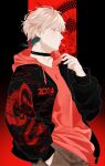  1boy 2024 black_background black_choker candy chinese_new_year chinese_zodiac choker dragon dragon_print eastern_dragon food hand_in_pocket highres holostars hood hoodie jacket lollipop looking_at_viewer male_focus nemuree open_clothes open_jacket pink_hair pink_hoodie profile red_background rikka_(holostars) short_hair simple_background solo upper_body virtual_youtuber year_of_the_dragon 