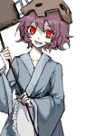  1other androgynous blue_kimono commentary_request fang frilled_kimono frills highres holding japanese_clothes katano_sukune katano_sukune&#039;s_bottle_opener kimono len&#039;en long_sleeves mxx33 open_mouth other_focus pale_skin red_eyes redhead simple_background smile solo white_background white_kimono wide_sleeves 