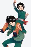  2boys arm_up bandaged_arm bandages black_hair bodysuit bowl_cut clenched_hands closed_eyes crying eyelashes feet_out_of_frame green_bodysuit green_vest grey_background highres leg_warmers male_focus might_guy multiple_boys nakawo_777 naruto naruto_(series) open_mouth rock_lee sandals short_hair simple_background sitting_on_shoulder smile thick_eyebrows vest 