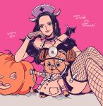  1boy 1girl antlers black_dress black_hair choker commentary_request dated detached_sleeves dress fishnet_thighhighs fishnets hand_on_another&#039;s_head hatch_(8cco) holding holding_stethoscope horns long_hair looking_at_viewer looking_to_the_side nico_robin one_piece pink_background pink_lips pumpkin reindeer_antlers simple_background stethoscope syringe thigh-highs tony_tony_chopper wings 