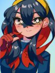  1990s_(style) 1girl black_hair blue_background carmine_(pokemon) closed_mouth colored_inner_hair commentary_request crossed_bangs gloves gradient_background hairband multicolored_hair nfvw2evamr86075 pokemon pokemon_sv red_gloves redhead retro_artstyle smile solo two-tone_hair upper_body yellow_eyes yellow_hairband 
