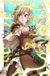  1girl blonde_hair book brown_dress citrinne_(fire_emblem) dress dtrakodrakonien earrings feather_hair_ornament feathers fire_emblem fire_emblem_engage gold_choker gold_trim hair_ornament highres holding holding_book hoop_earrings jewelry leather_wrist_straps mismatched_earrings red_eyes wing_hair_ornament 