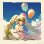  1girl balloon bare_arms blue_sky border chinese_commentary clothes_lift clouds commentary_request cowboy_shot dated day dress dress_lift green_eyes green_hair hair_ribbon hatsune_miku kita_(kitairoha) long_dress long_hair looking_at_viewer open_mouth outdoors ribbon sky sleeveless sleeveless_dress smile solo spaghetti_strap teeth twintails very_long_hair vocaloid watermark weibo_logo weibo_username white_border white_dress white_ribbon 