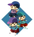  3boys alternate_color backpack bag baseball_cap black_hair blue_headwear blush_stickers checkered_clothes checkered_shirt clone green_bag hat hitofutarai male_focus mother_(game) mother_2 multiple_boys ness_(mother_2) open_mouth orange_bag outstretched_arms player_2 purple_headwear red_bag red_shorts shirt short_hair shorts sideways_hat solid_oval_eyes spread_arms striped_clothes striped_shirt super_smash_bros. 