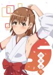  1girl brown_eyes brown_hair detached_sleeves highres japanese_clothes kimono looking_at_viewer miko misaka_mikoto new_year short_hair sleeveless sleeveless_kimono smile solo tabu_(tabu_01) toaru_kagaku_no_railgun toaru_majutsu_no_index upper_body 