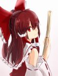  1girl absurdres bow broom closed_mouth commentary detached_sleeves frilled_bow frilled_hair_tubes frills hair_bow hair_tubes hakurei_reimu highres holding holding_broom light_smile long_hair looking_at_viewer niangao_(8490593) red_bow red_eyes redhead ribbon-trimmed_sleeves ribbon_trim solo touhou 