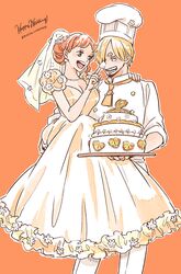  1boy 1girl blonde_hair bridal_veil cake carrying chef_hat commentary_request curly_eyebrows dress facial_hair food goatee hair_bun hair_over_one_eye hat hatch_(8cco) highres holding holding_plate jewelry looking_at_another nami_(one_piece) necklace one_piece orange_background orange_hair orange_nails pants plate sanji_(one_piece) simple_background single_sidelock veil wedding_dress white_pants 