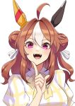  1girl :d absurdres ahoge animal_ears brown_hair casual copano_rickey_(umamusume) double_bun ear_covers hair_bun hair_ornament highres horse_ears horse_girl index_finger_raised long_hair looking_at_viewer multicolored_hair puffy_sleeves senchan_7 simple_background smile solo tassel tassel_hair_ornament two-tone_hair umamusume upper_body violet_eyes white_background white_hair 