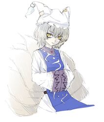  1girl aizettonagi animal_ears blonde_hair dress fox_tail hat highres long_sleeves looking_at_viewer multiple_tails short_hair solo tabard tail touhou white_background white_dress white_headwear wide_sleeves yakumo_ran yellow_eyes 