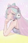  1girl alternate_hairstyle bare_shoulders blue_hair blue_nails bow-shaped_hair eyelashes headphones highres iono_(pokemon) long_hair one_eye_closed pink_eyes pink_hair pitari pokemon pokemon_sv sleeveless solo twitter_username upper_body v v_over_mouth yellow_nails 