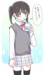  1girl black_hair black_thighhighs blush drink gradient_hair green_eyes green_hair grey_sweater_vest highres holding holding_drink long_sleeves looking_at_viewer love_live! love_live!_nijigasaki_high_school_idol_club medium_hair milk_carton multicolored_hair neck_ribbon plaid plaid_skirt pleated_skirt red_ribbon ribbon shirt sidelocks skirt solo standing sweater_vest takasaki_yuu thigh-highs thought_bubble translation_request twintails upper_body white_shirt white_skirt yoon_(yoon_lovelive) 