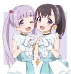  2girls :d ;d aayh alternate_eye_color alternate_hair_color black_hair blue_dress blush commentary_request dress fukuyama_mai gloves hair_bobbles hair_ornament hand_up idolmaster idolmaster_cinderella_girls long_hair looking_at_viewer multiple_girls one_eye_closed pleated_skirt ponytail purple_background purple_hair showgirl_skirt signature skirt sleeveless sleeveless_dress smile two-tone_background very_long_hair violet_eyes white_background white_gloves white_skirt yokoyama_chika 