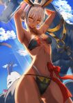  1girl absurdres armpits arms_up blue_sky clouds dark-skinned_female dark_skin fate/grand_order fate_(series) highres inugami86 medjed_(fate) navel nitocris_alter_(fate) open_mouth short_hair sky swimsuit white_hair yellow_eyes 
