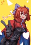  absurdres black_bodysuit bodysuit bow cape cloak english_text finger_gun hair_bow heart highres open_mouth red_cape red_cloak red_eyes redhead ribbon-trimmed_bow rock_&#039;n&#039;_rock_&#039;n&#039;_beat sekibanki touhou two-sided_cape two-sided_fabric two-tone_cape vanilla_flan zipper 
