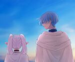  1boy 1girl blue_hair blue_jacket cape closed_mouth commentary_request elf frieren from_behind himmel_(sousou_no_frieren) jacket outdoors pointy_ears rei_hinketsu short_hair sky smile sousou_no_frieren turtleneck turtleneck_jacket twintails white_cape white_hair 