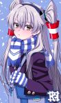  1girl alternate_costume amatsukaze_(kancolle) bag blush brown_eyes coat commentary_request gloves grey_hair hair_between_eyes hair_tubes hairband highres kantai_collection long_hair long_sleeves looking_at_viewer parted_lips purple_coat scarf simple_background snowing solo striped_clothes striped_gloves striped_scarf two_side_up vertical-striped_clothes winter_clothes yamayoshi 