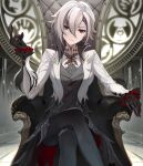  1girl arlecchino_(genshin_impact) black_eyes black_pants breasts commentary_request feet_out_of_frame genshin_impact grey_shirt head_tilt highres jacket long_sleeves looking_at_viewer pants shirt short_hair sitting small_breasts solo throne vanink white_hair white_jacket 