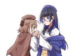  2girls ahoge beret blue_coat blue_eyes blunt_bangs breath brmameng brown_cape brown_dress brown_eyes brown_hair cape coat colored_inner_hair dress eyewear_strap glasses hair_intakes hat highres hime_cut hololive hololive_english long_hair mittens multicolored_hair multiple_girls nanashi_mumei official_alternate_costume official_alternate_hairstyle ouro_kronii ribbon round_eyewear shirt short_hair very_long_hair virtual_youtuber white_shirt 