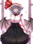  1girl absurdres bat_wings blue_hair blurry blurry_background commentary_request frilled_hat frills hat highres long_sleeves looking_at_viewer mitama_mudimudi mob_cap pink_shirt puffy_long_sleeves puffy_sleeves red_eyes red_nails remilia_scarlet shirt smile solo touhou twitter_username wings 